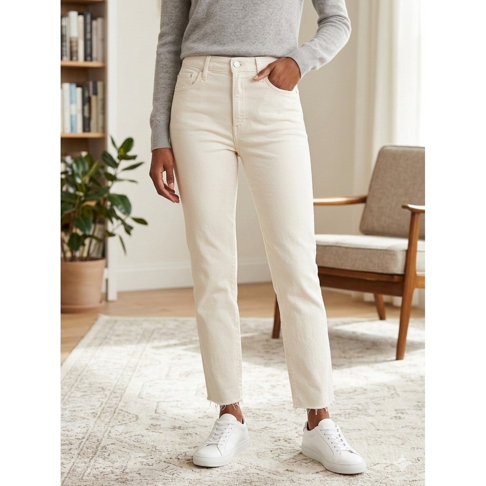 FRAME Le Sylvie Slender Straight Jeans Off White Cream Raw Hem Denim Size 29